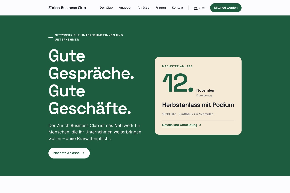 A club website made with Flok: the club's name and menu, a large headline, and the next event with its date beside it