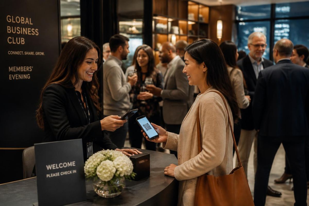 Host at a business club evening scanning a guest's QR ticket on a phone while other members in business-casual attire network in the background